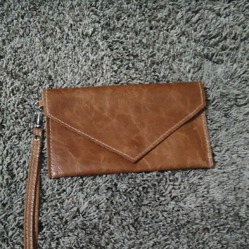 Brown Leather Wristlet Clutch with Genuine Leather